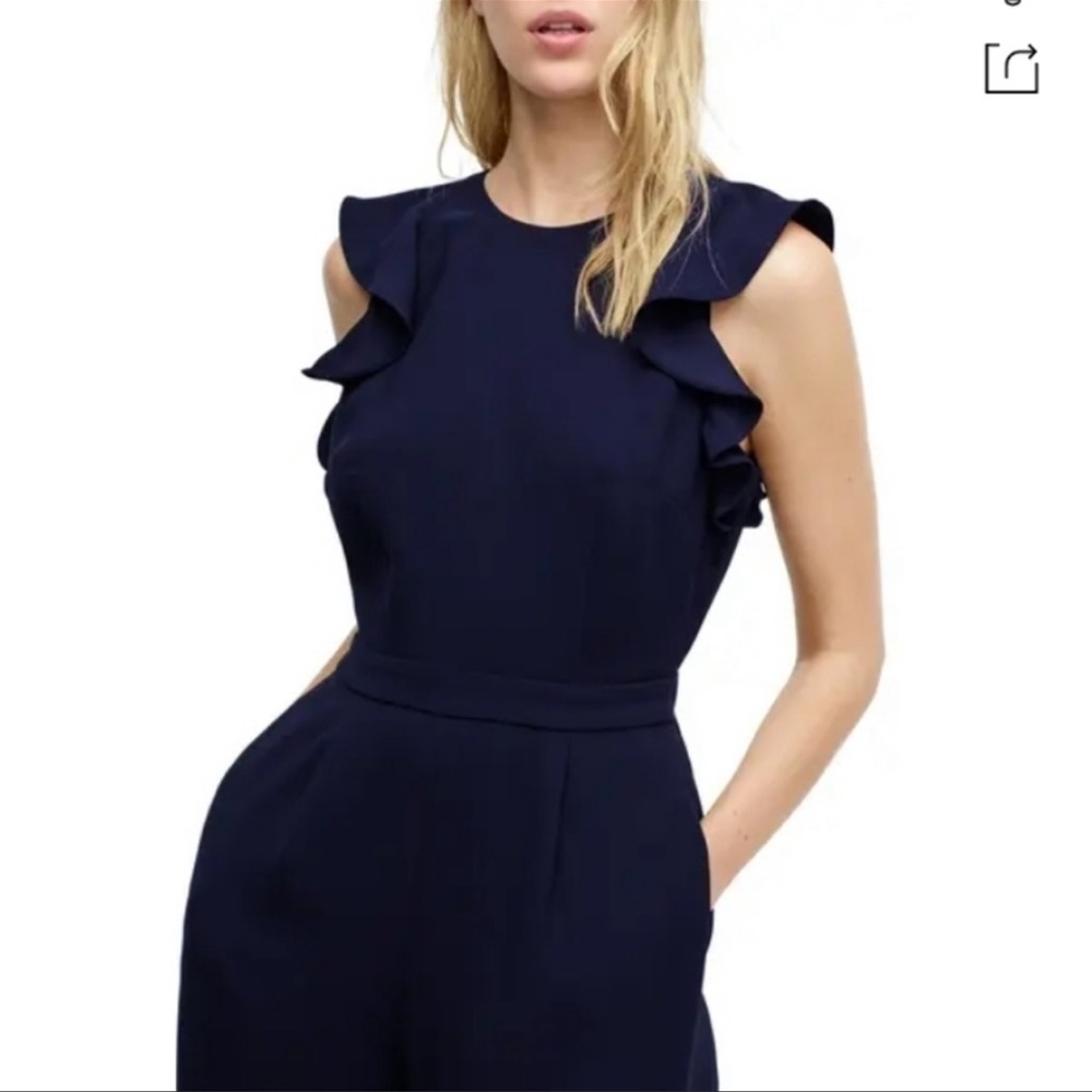 NEW J Crew Ruffle Sleeve Navy Wide Leg Jumpsuit - Picture 2 of 14